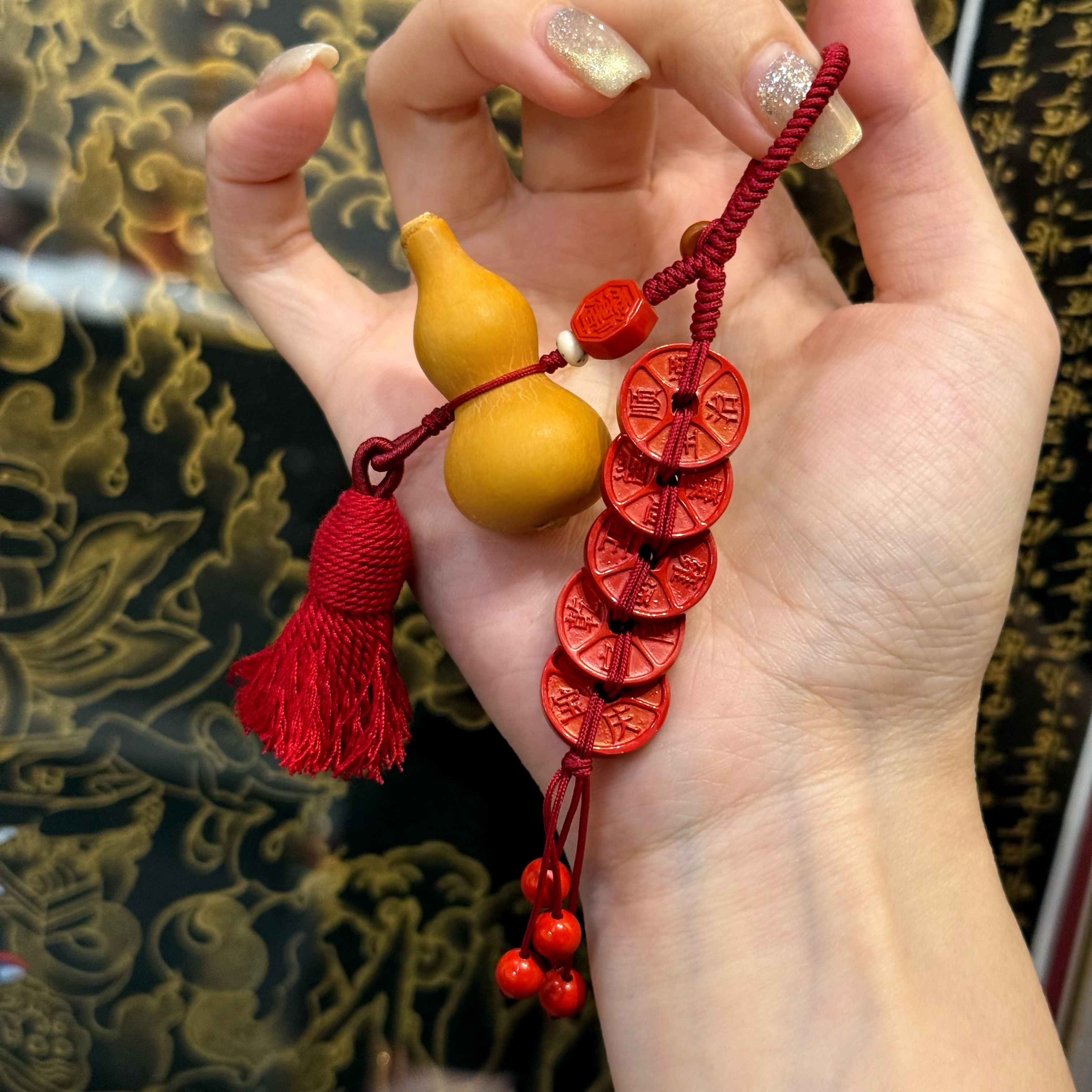 含辰砂工艺品天然朱砂五帝钱葫芦挂饰高含砂量（已开灯）