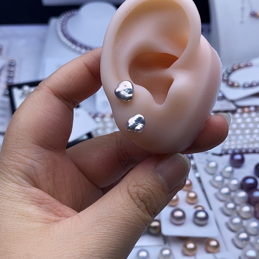 银S925镶嵌戒指淡水珍珠极光金属花瓣耳钉