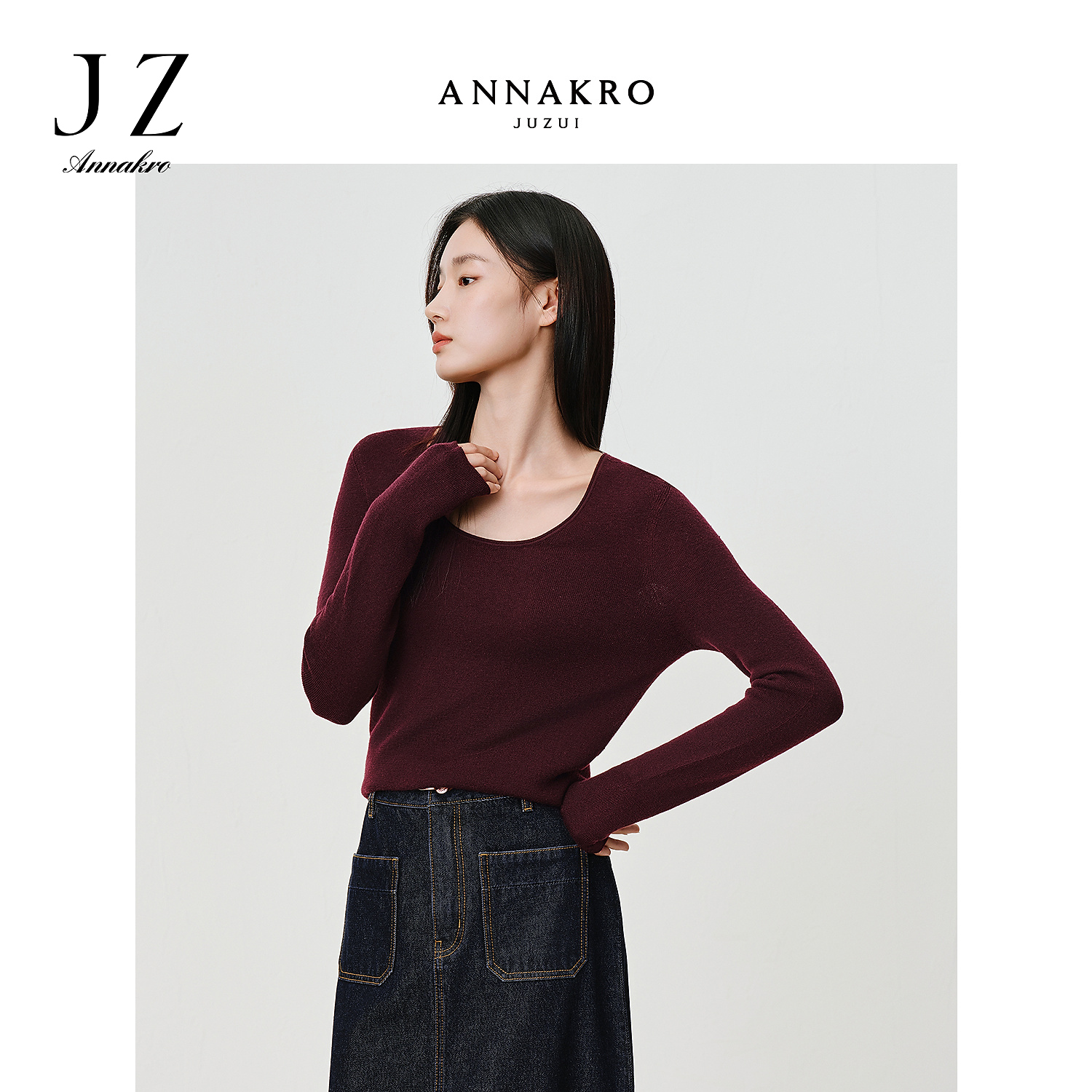 【丽公主专属】玖姿·安娜蔻KWFQ31010全羊毛打底针织衫女2025秋新款