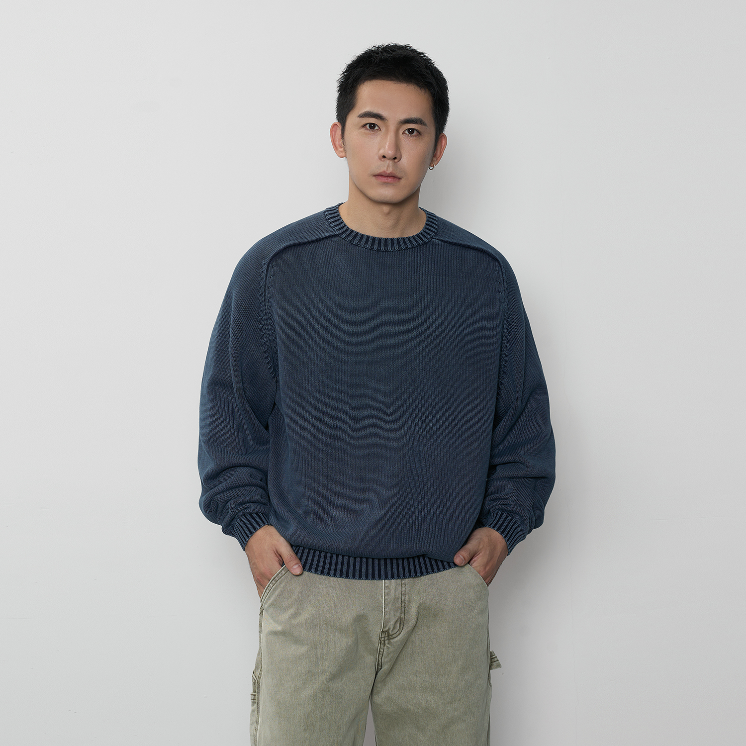 TOPTIER BRO 24AW 复古落色工艺圆领毛衣男短宽版立体肩线针织衫