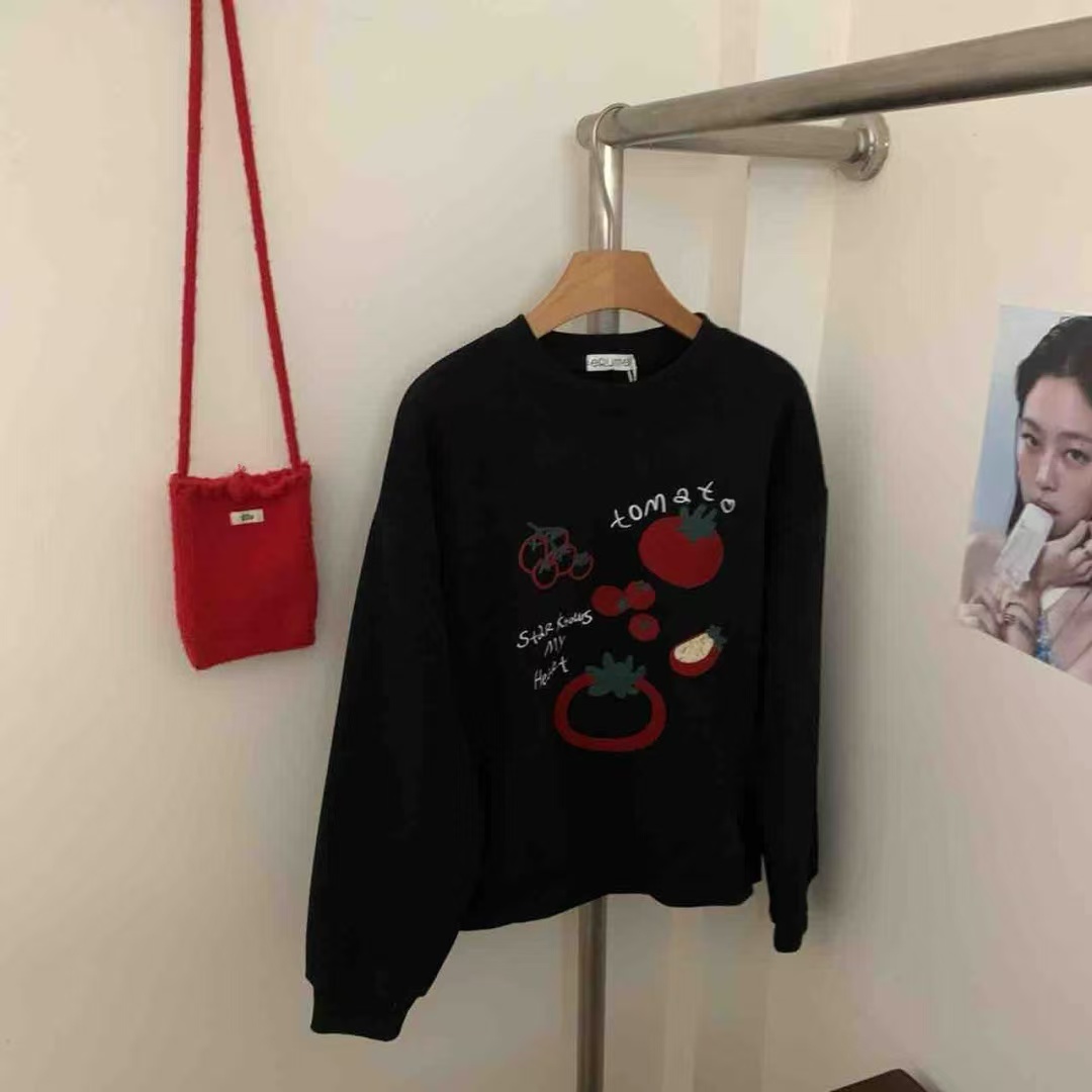 韩系番茄刺绣加绒加厚圆领宽松百搭休闲卫衣女冬