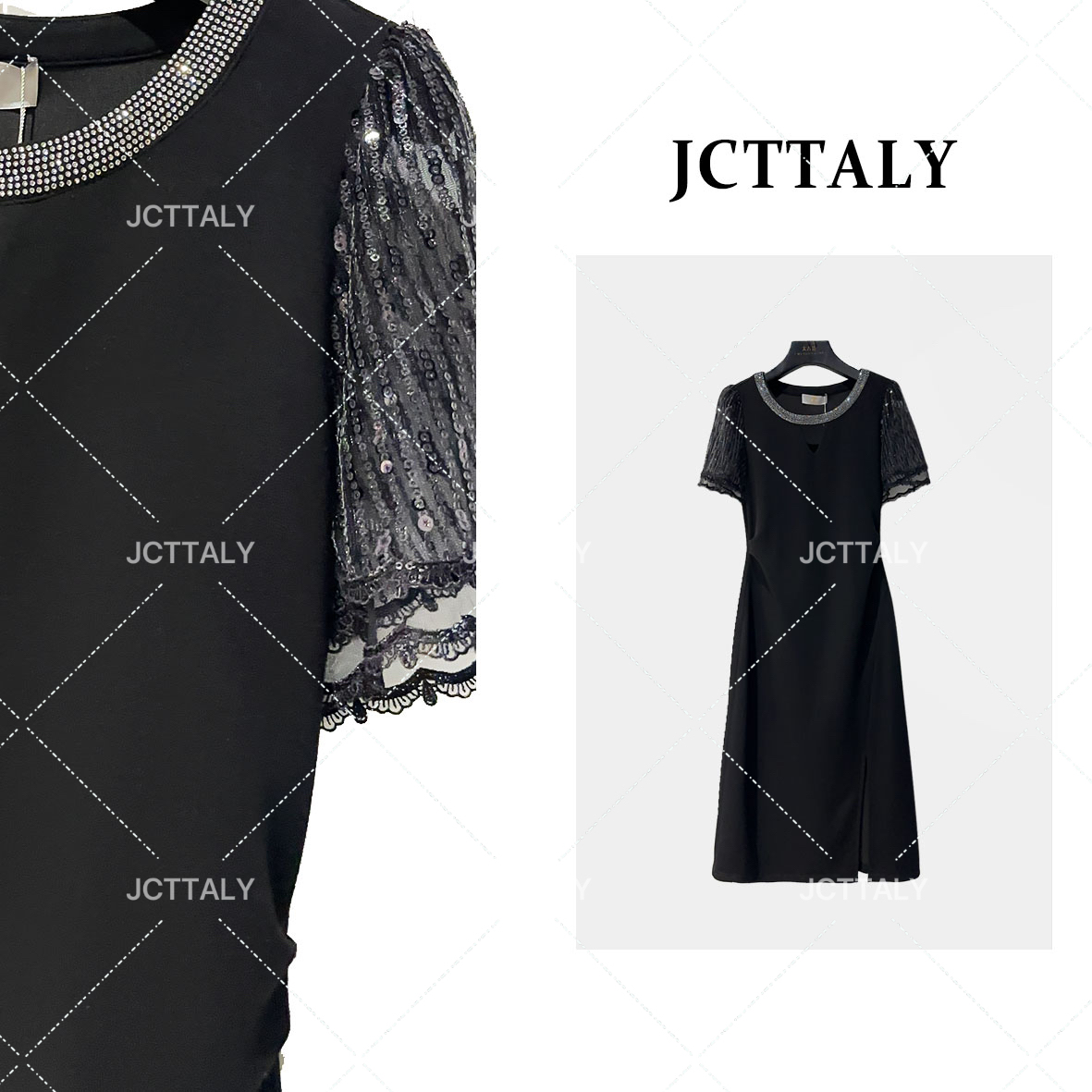 【小航】短袖气质轻奢时尚夏季黑设计师款高定连衣裙JC-A3096