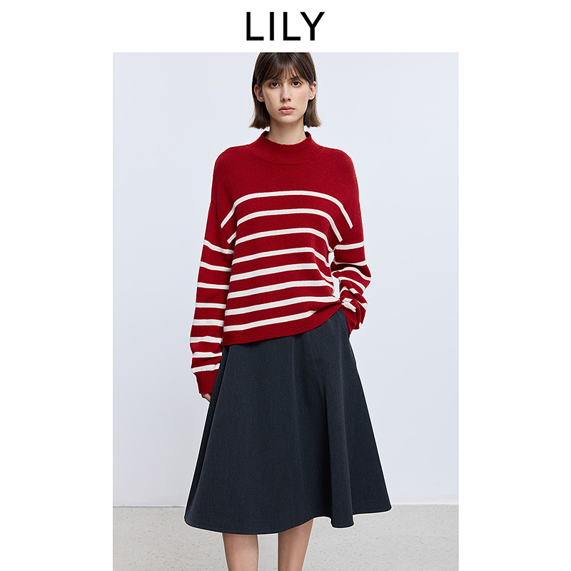 LILY2025冬新款羊毛混纺条纹半高领套头针织衫毛衣女125409TKE16