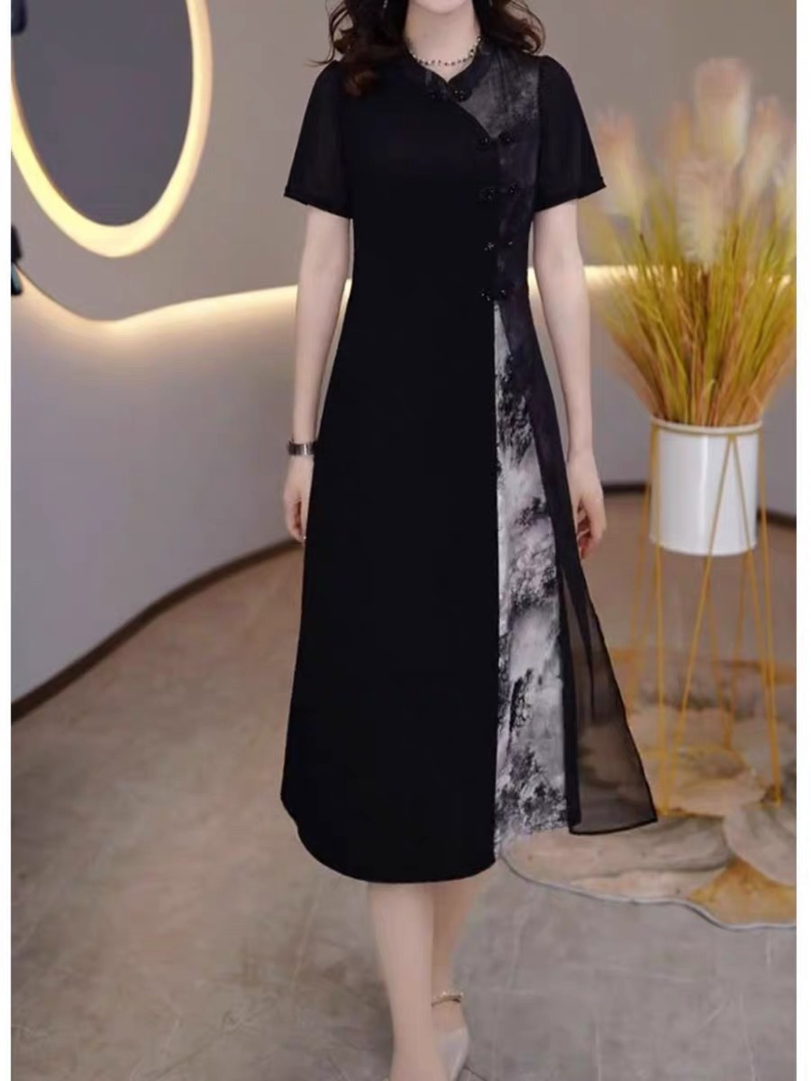 A0344夏季新款收腰显瘦黑色领高端奢华长袖连衣裙
