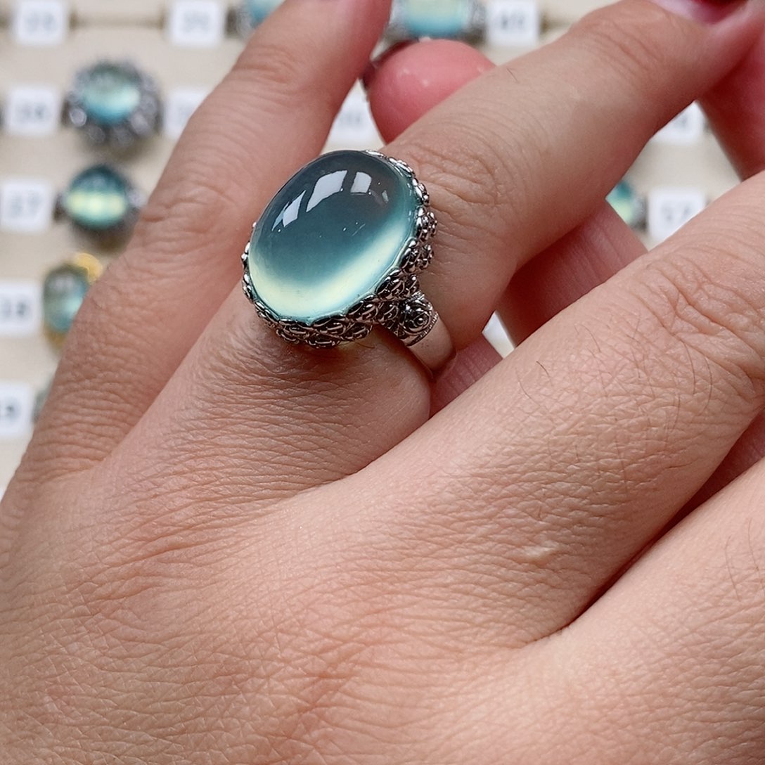 银S925镶嵌蛇纹石玉戒指