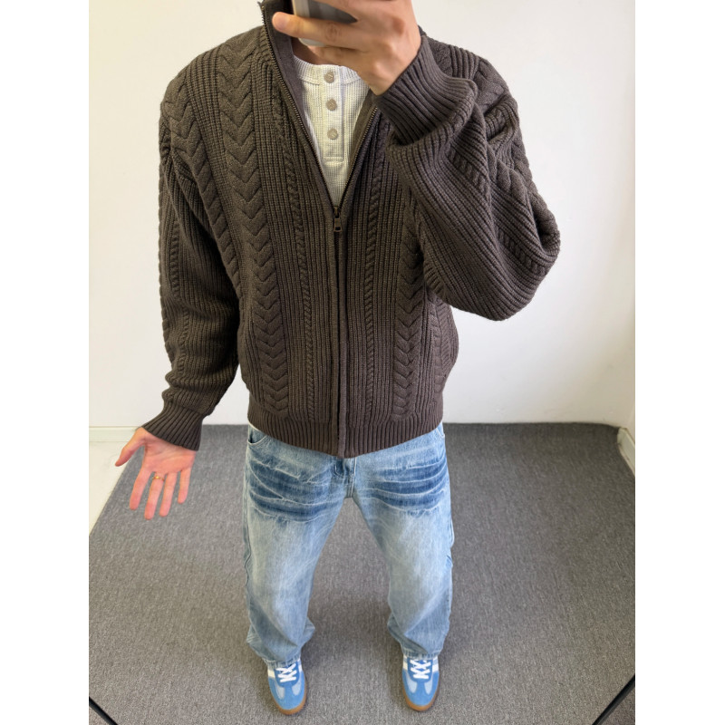 老钱风绞花立领开衫毛衣针织衫男款秋冬美式复古潮牌松弛线衣外套