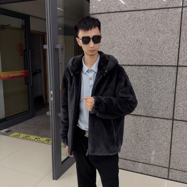 2025新款进口紫金短二铁灰水貂连帽立翻领男装男士男款休闲冬季