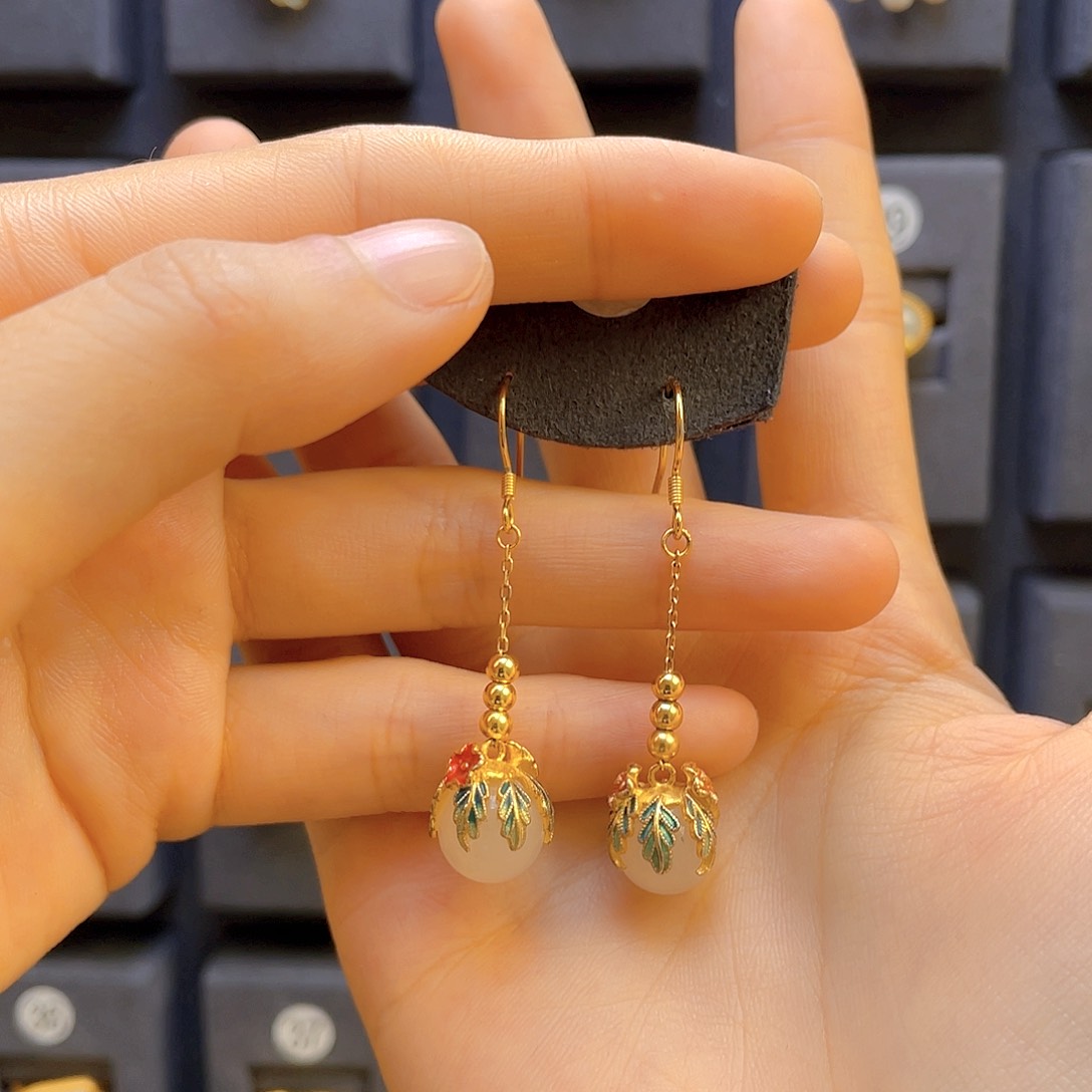 和田玉耳饰银S925镀金镶嵌