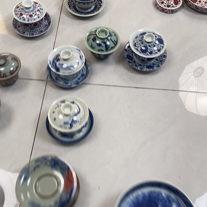 瓷片景德镇青花宝相三才元宝盖碗