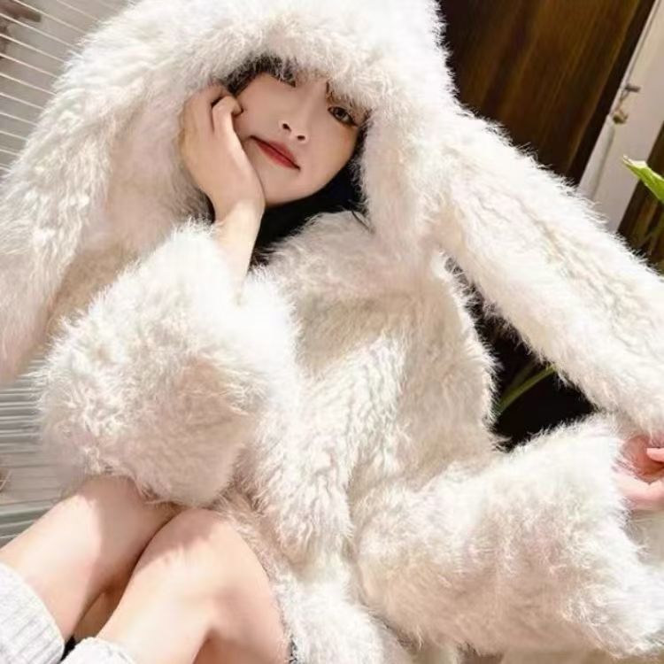 【小宅女】2025冬季网红加绒加厚连帽毛毛外套百搭甜美可爱保暖棉服