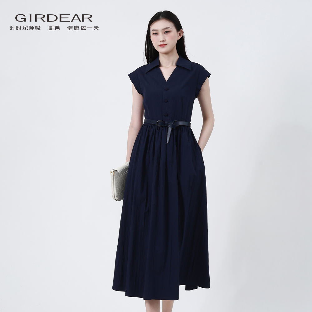 GIRDEAR/哥弟 品质女装气质百搭小盖袖初恋式系腰连衣裙150003