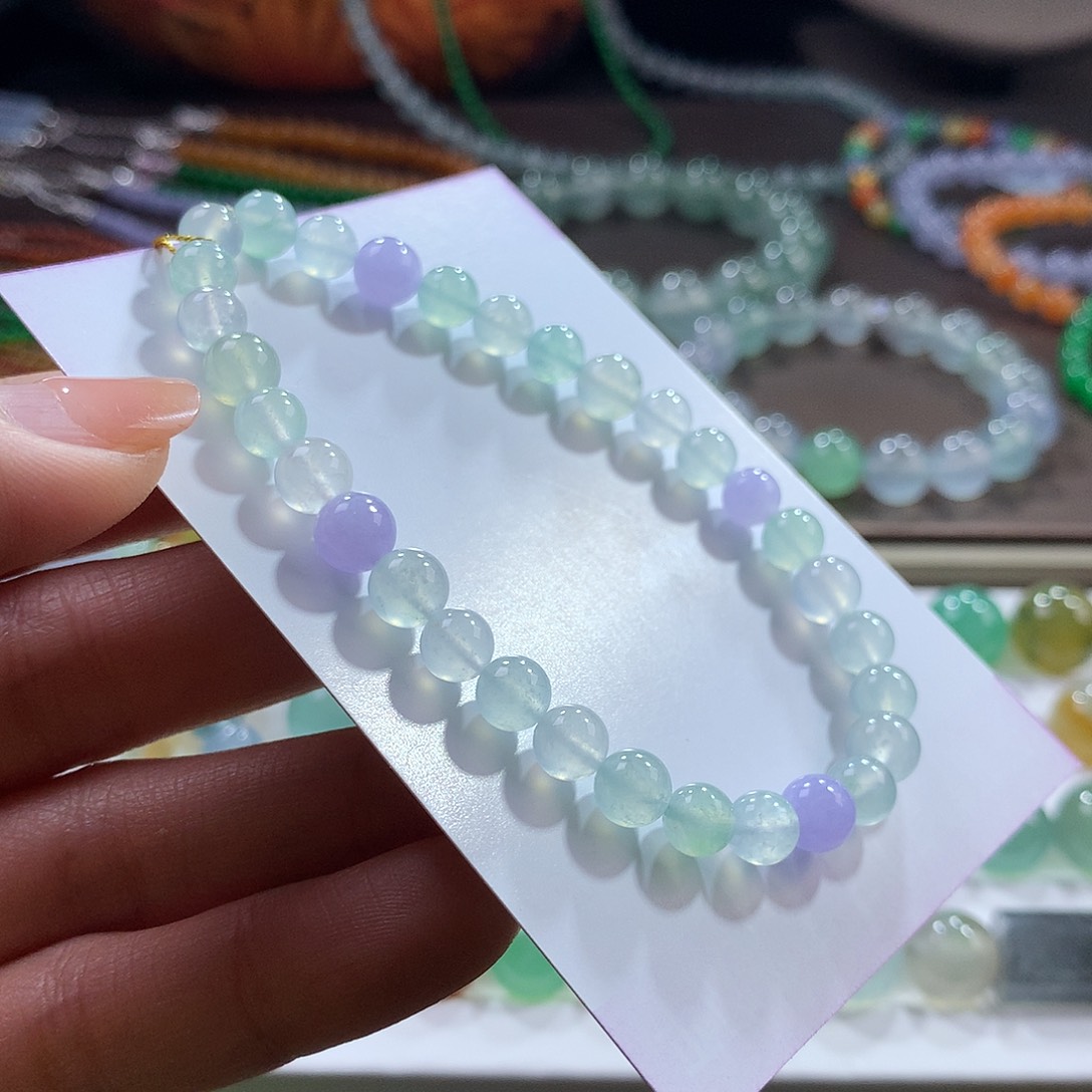 翡翠未镶嵌手链！强推性价比，不拍会后悔！粉春紫冰幻彩卡6-6.7