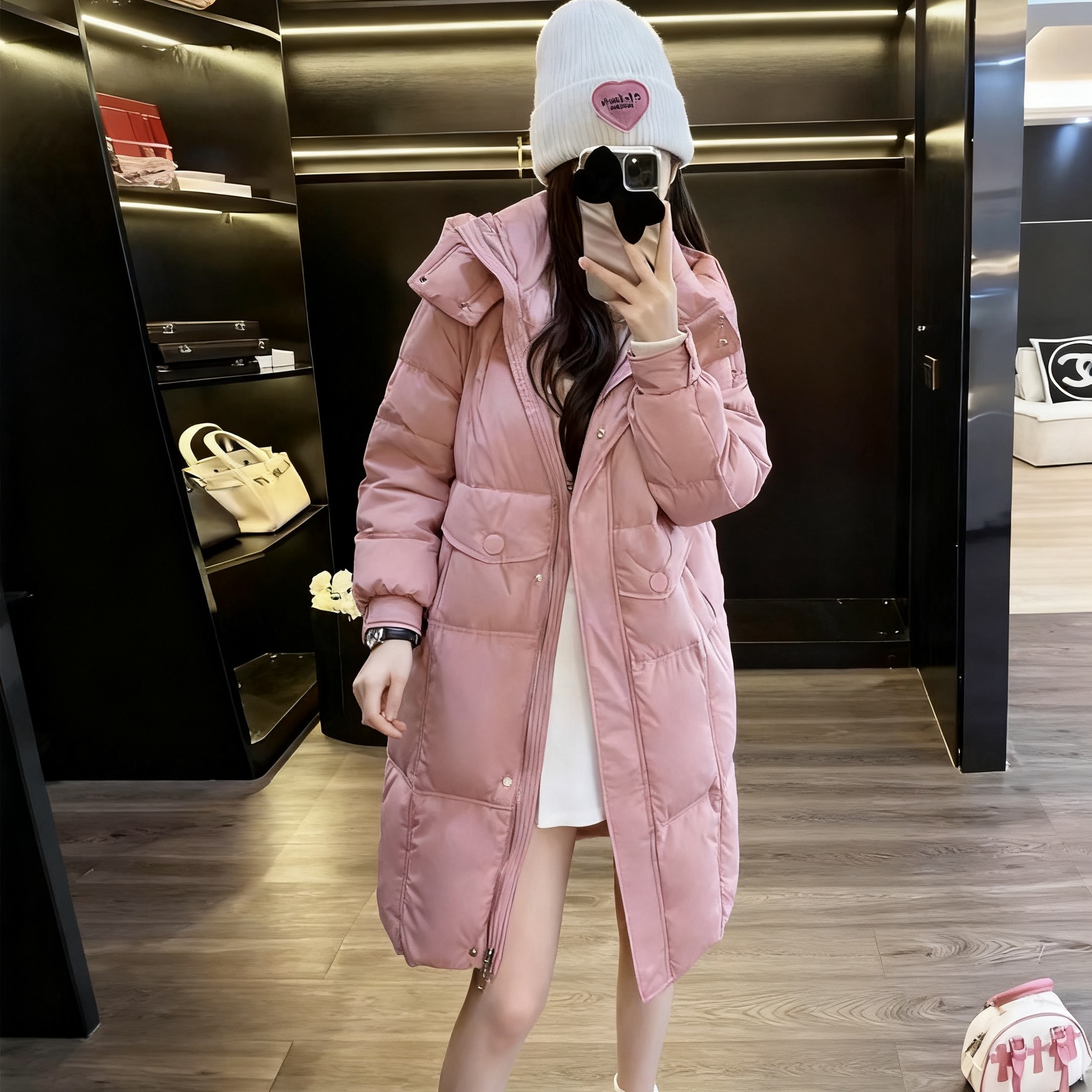 【五色缤纷】甜美风韩系秋冬时尚百搭中长款白鸭绒连帽羽绒服 807