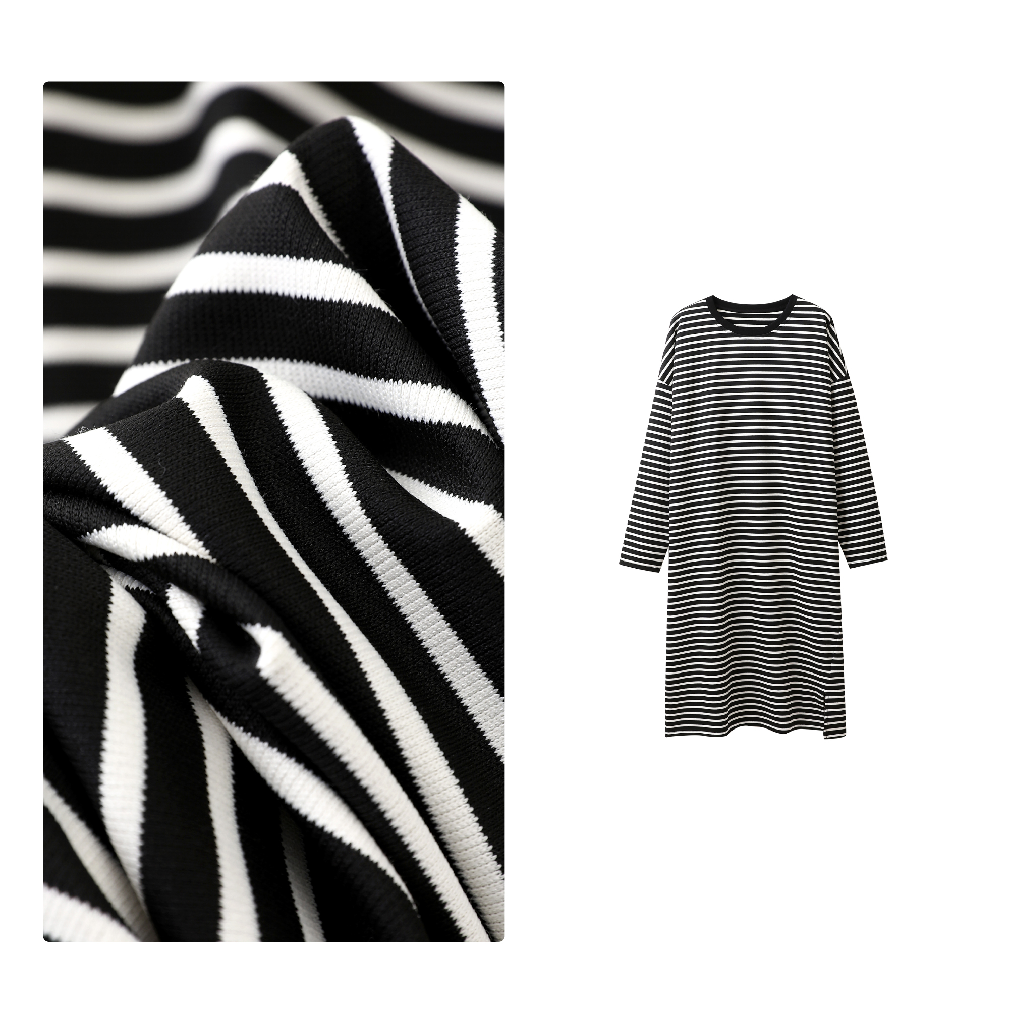 门店34&9！人手一件出门懒人裙/黑白条圆领长袖休闲连衣裙D00028