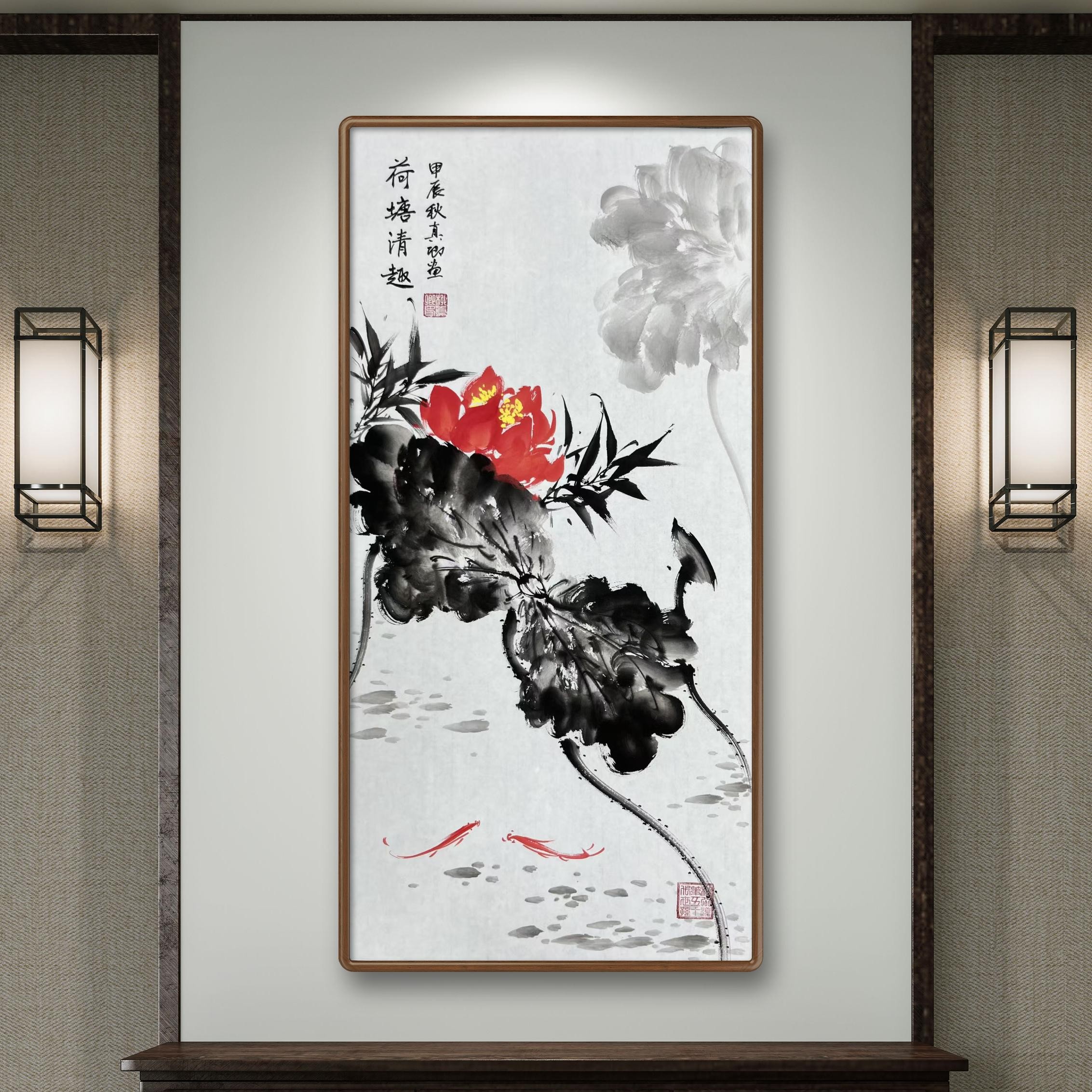 《荷塘清趣》柳真卿纯手绘画画69*35cm未装裱（框是效果图）