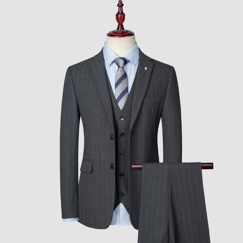 【新款】条纹修身平驳领商务休闲西服套装西服男士小西装商务双开叉
