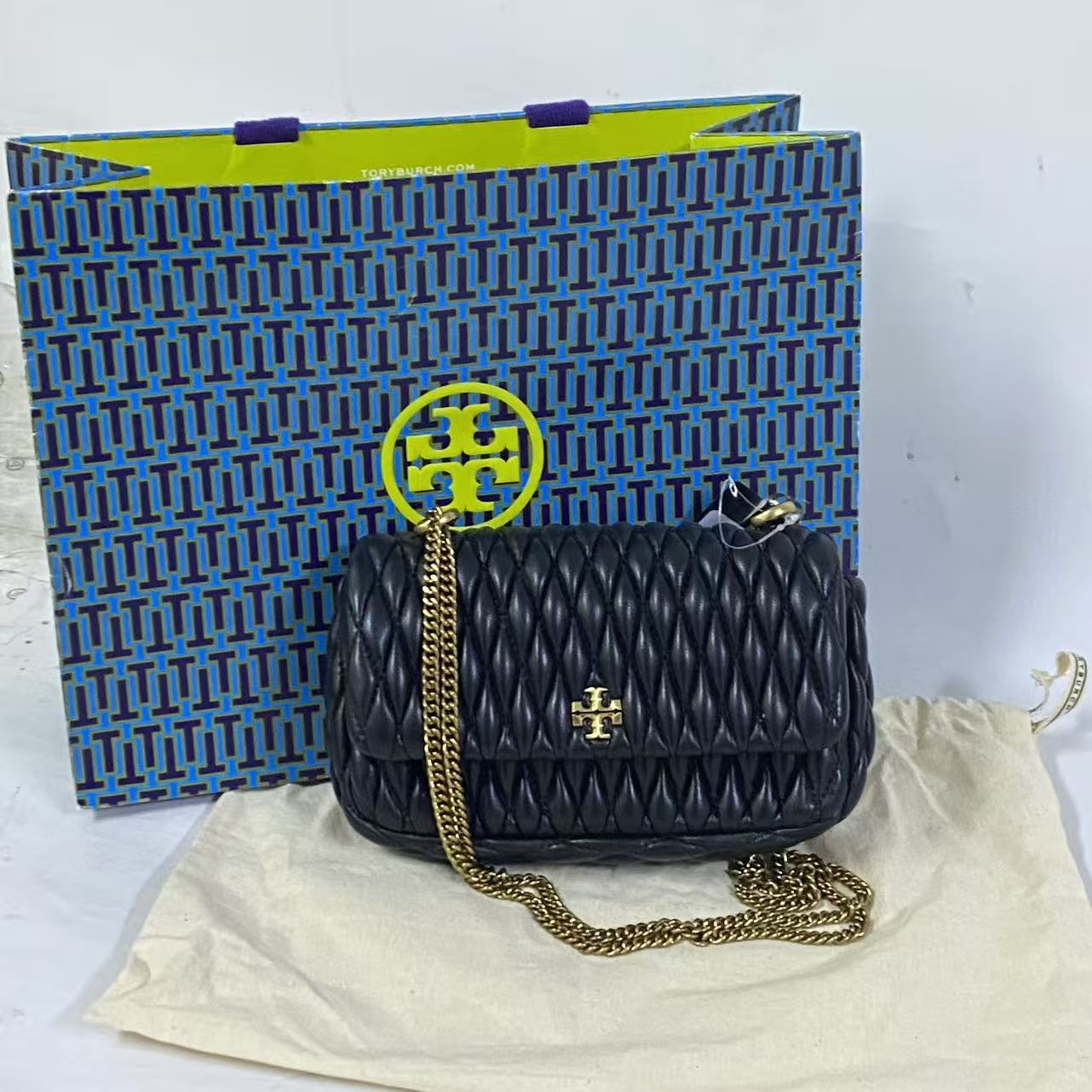 95新 TORY BURCH/汤丽柏琦 黑色中古大logo单肩斜挎包2512LQ035