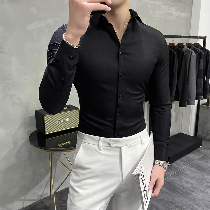 男士商务休闲长袖衬衫英伦修身纯色衬衣男垂感免烫大码寸衫打底衫