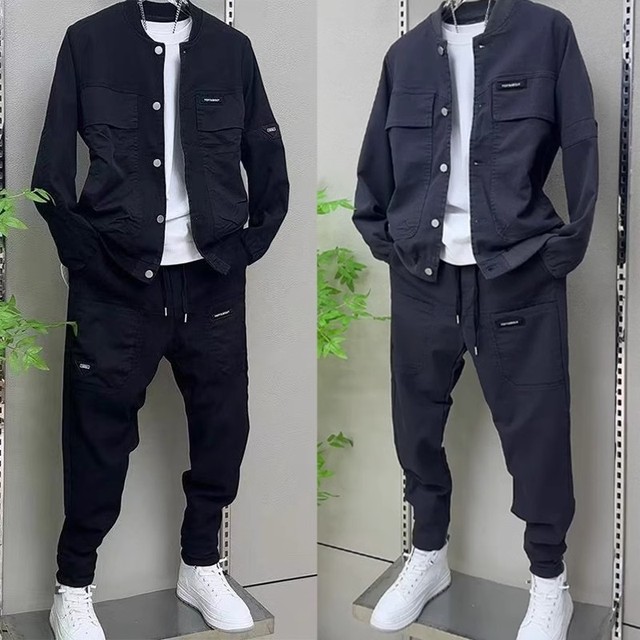 2025春季休闲套装男士修身外套潮流百搭时尚口袋牛仔韩版两件套潮