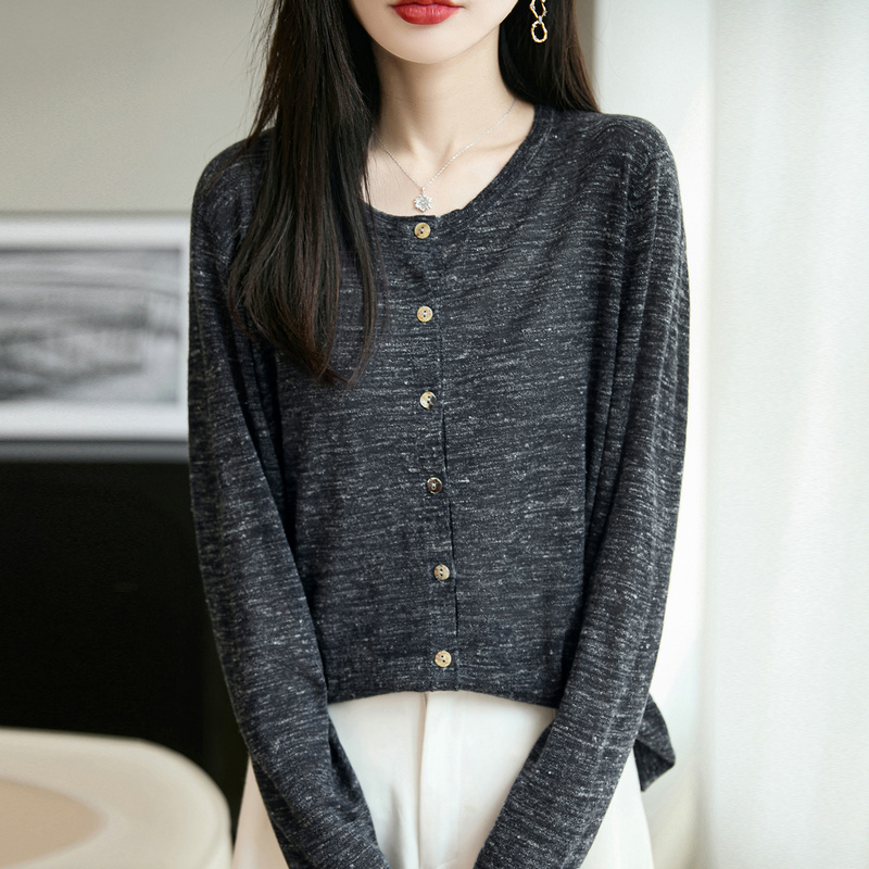 圆领开衫女长袖亚麻针织打底衫宽松减龄外套秋季百搭早秋毛衣彩麻