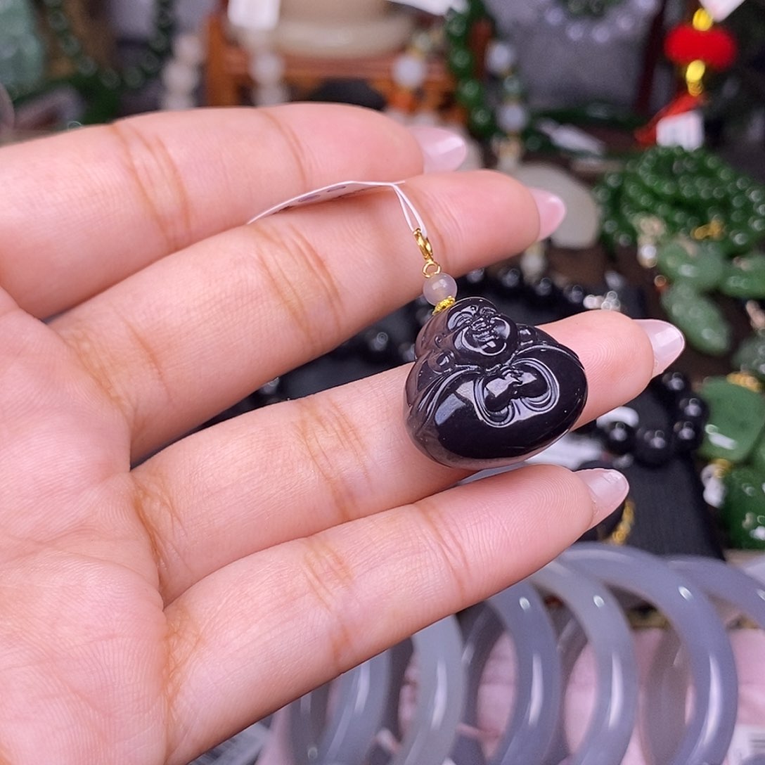 和田玉烟紫冰底老料金镶抱抱佛未镶嵌