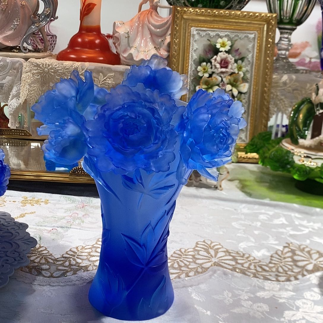 摆件QAA302脱蜡水晶牡丹花瓶钴蓝色