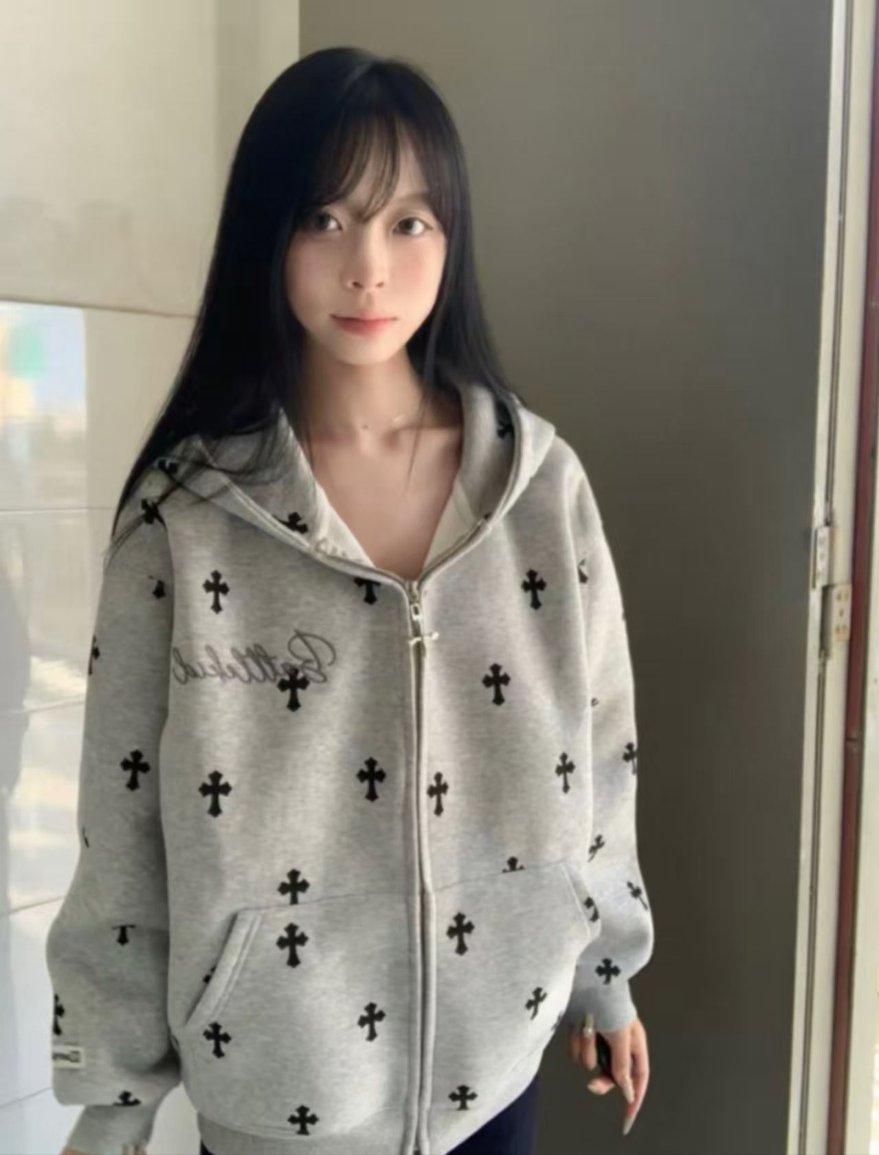美式高街情侣装十字架满印连帽卫衣男女秋冬灰色宽松百搭开衫外套