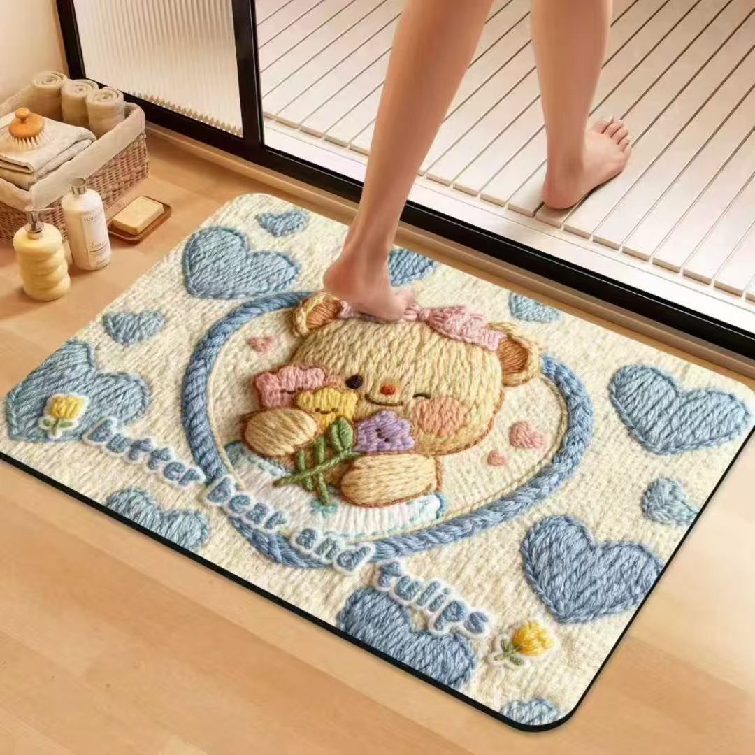 50*80CM  蓝色小熊家用地垫浴室吸水速干卫生间门口防滑脚垫
