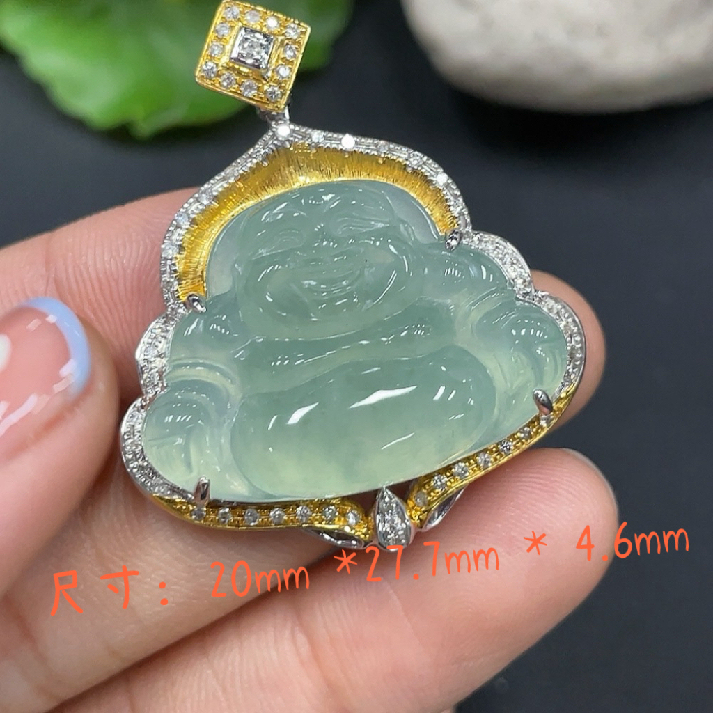 缅甸翡翠A货佛公金镶精致款