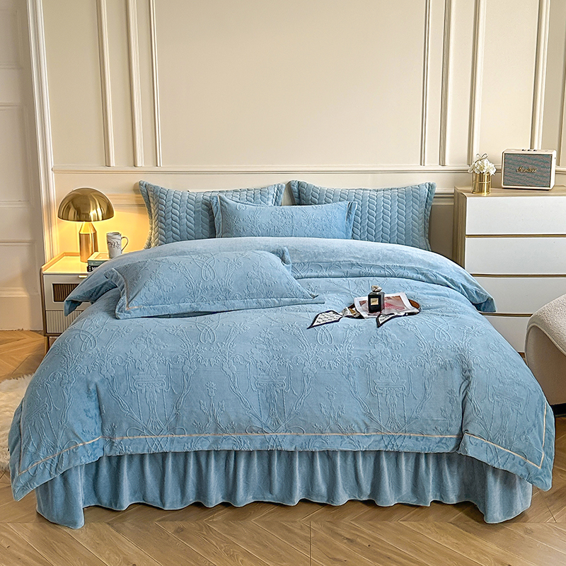 雕花牛奶绒四件套床盖款冬季双面加厚法兰珊瑚绒床上被套夹棉床裙
