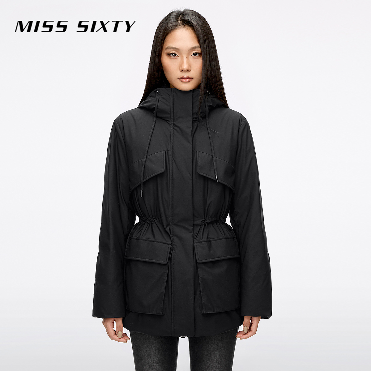 Miss Sixty2025冬季新款羽绒服女连帽抽绳收腰宽松外套90鹅绒