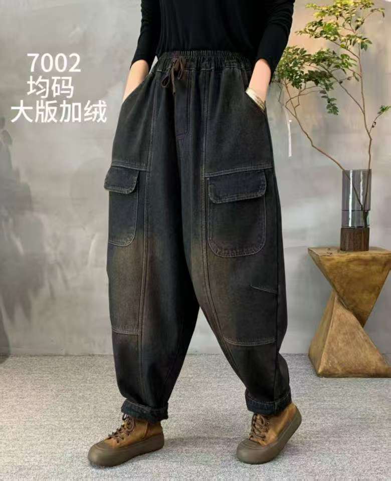 25冬季女款大版加绒牛仔老爹裤牛仔裤