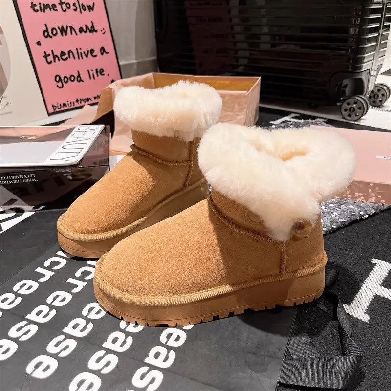 u家牛角扣4cm厚底雪地棉靴2025年秋冬新款时尚潮流百搭毛毛棉靴