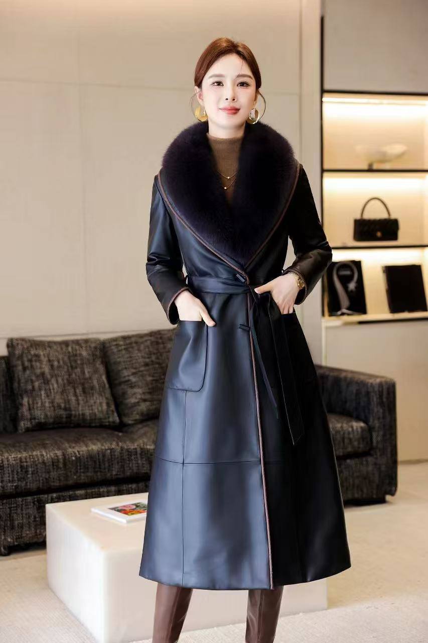 新款狐 狸 毛领系带绵羊皮真皮羽 绒外套女长款