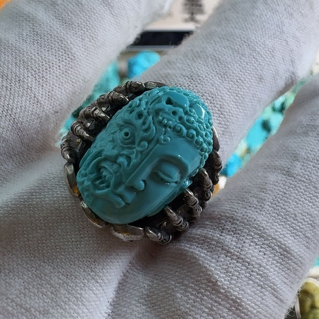 绿松石珠宝奇石银S925镶嵌原矿绿松石高瓷一念之间戒指饰品