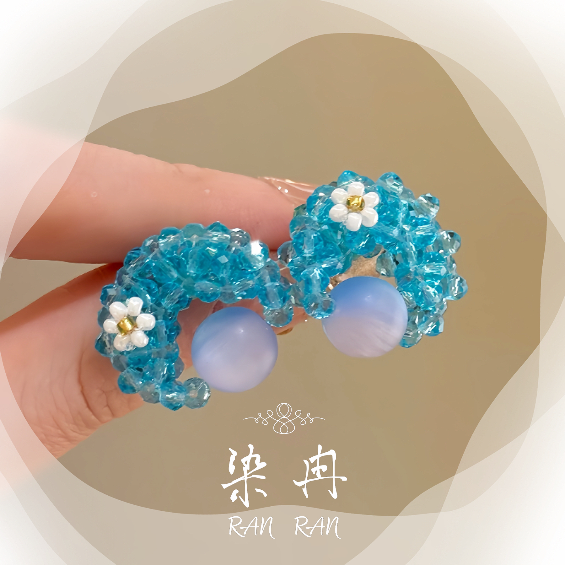 铜合金仿水晶耳饰 【蓝月亮】小众月亮花朵编织圆形耳环耳钉F-042