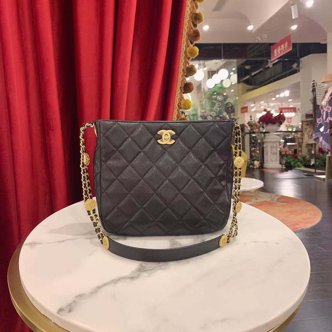 99新 Chanel/香奈儿 GGS/22A金币hobo黑金荔枝牛皮单肩包38325738