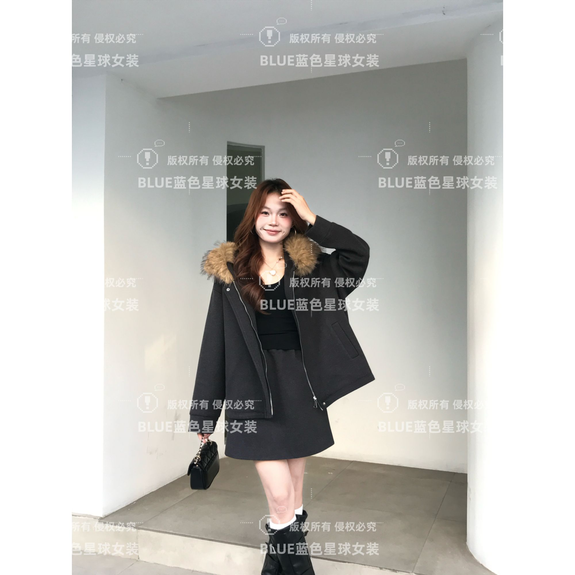 韩系可拆卸毛领半身裙套装2025冬季新款连帽拉链加厚松紧腰两件套