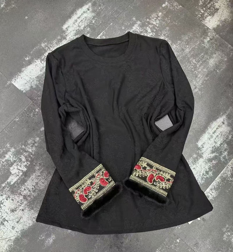 【好鑫晴】冬季新款国风拉绒刺绣袖口新中式圆领女士衬衫打底上衣女