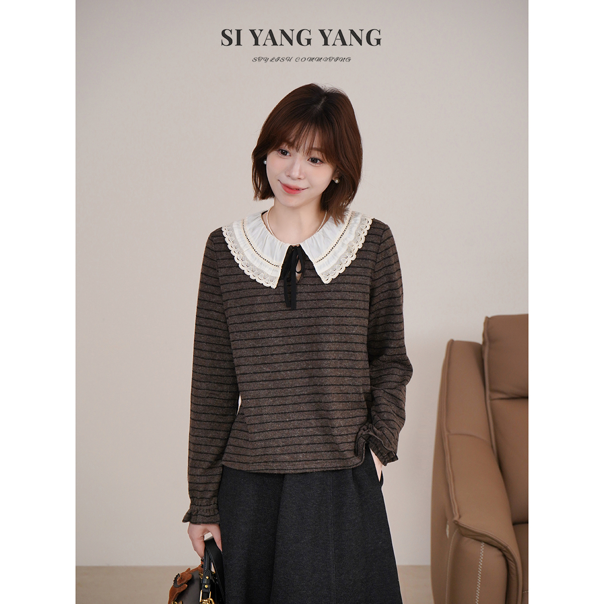 斯洋洋SIYANG桑蚕丝羊毛条纹针织舒适通勤减龄上衣SY509B099SYY