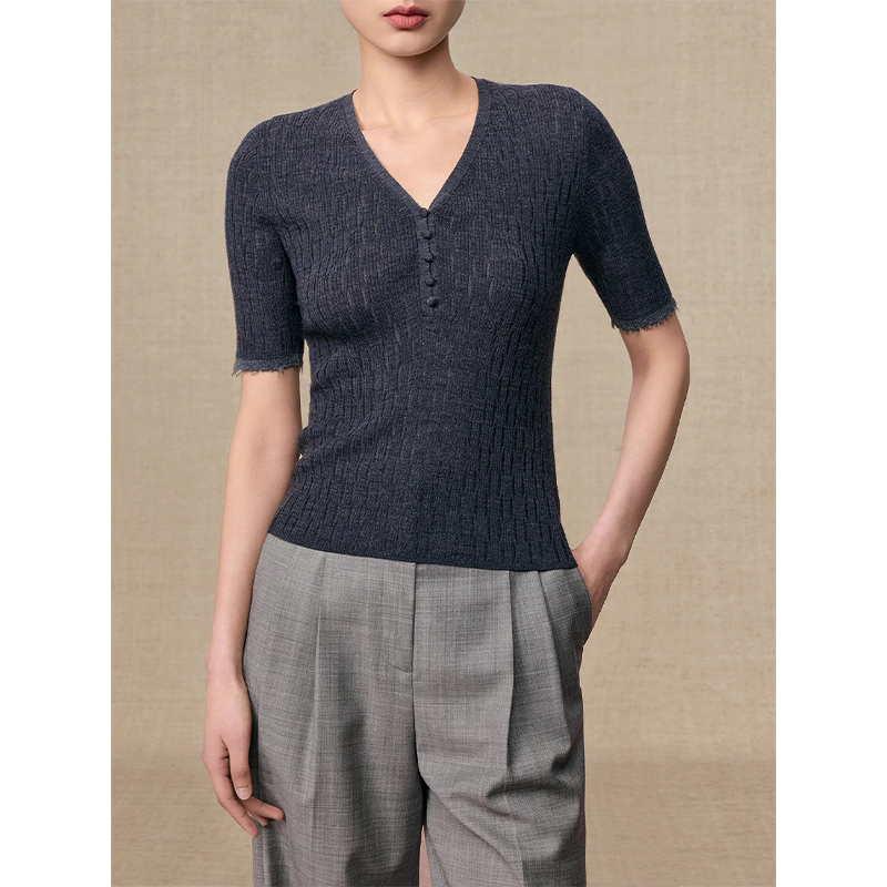 原单非世面货！"鄂家"精纺羊毛短袖毛边针织衫 16261