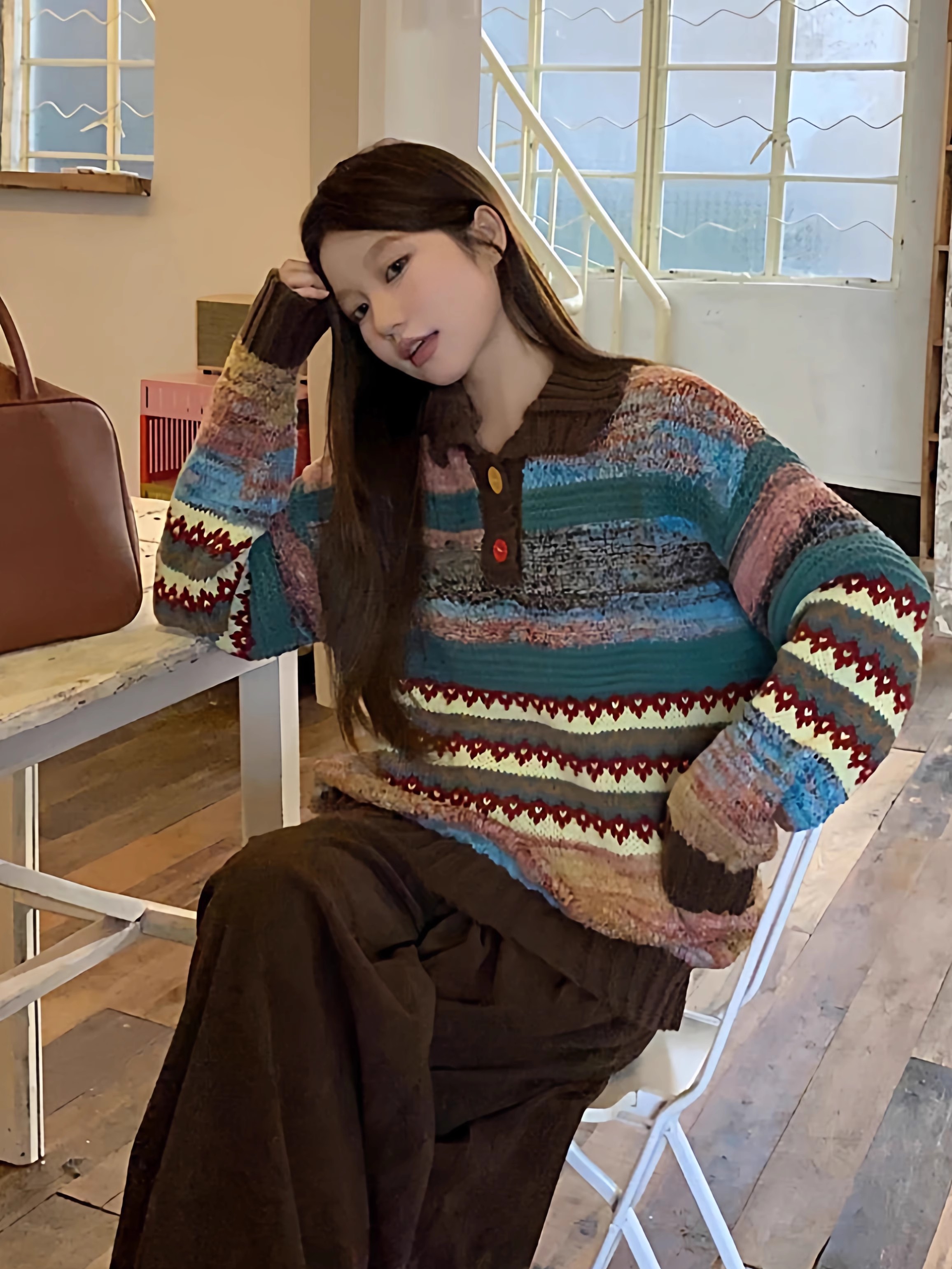 复古撞色费尔岛高领毛衣女韩版秋冬新款彩扣宽松设计感针织衫套头