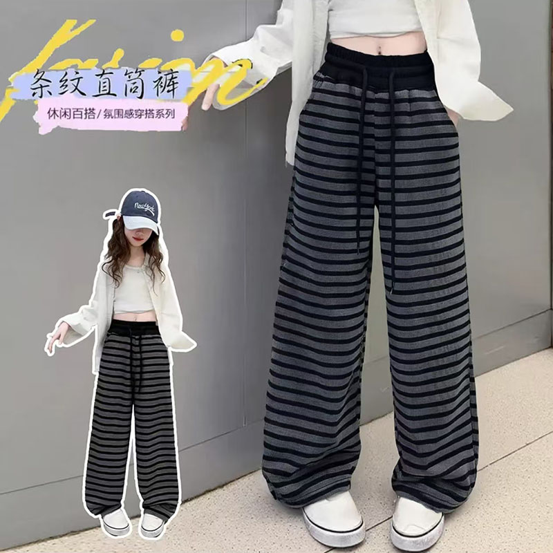 女童糯米条条纹直筒裤2025春款新款韩版宽松阔腿裤休闲裤中大童
