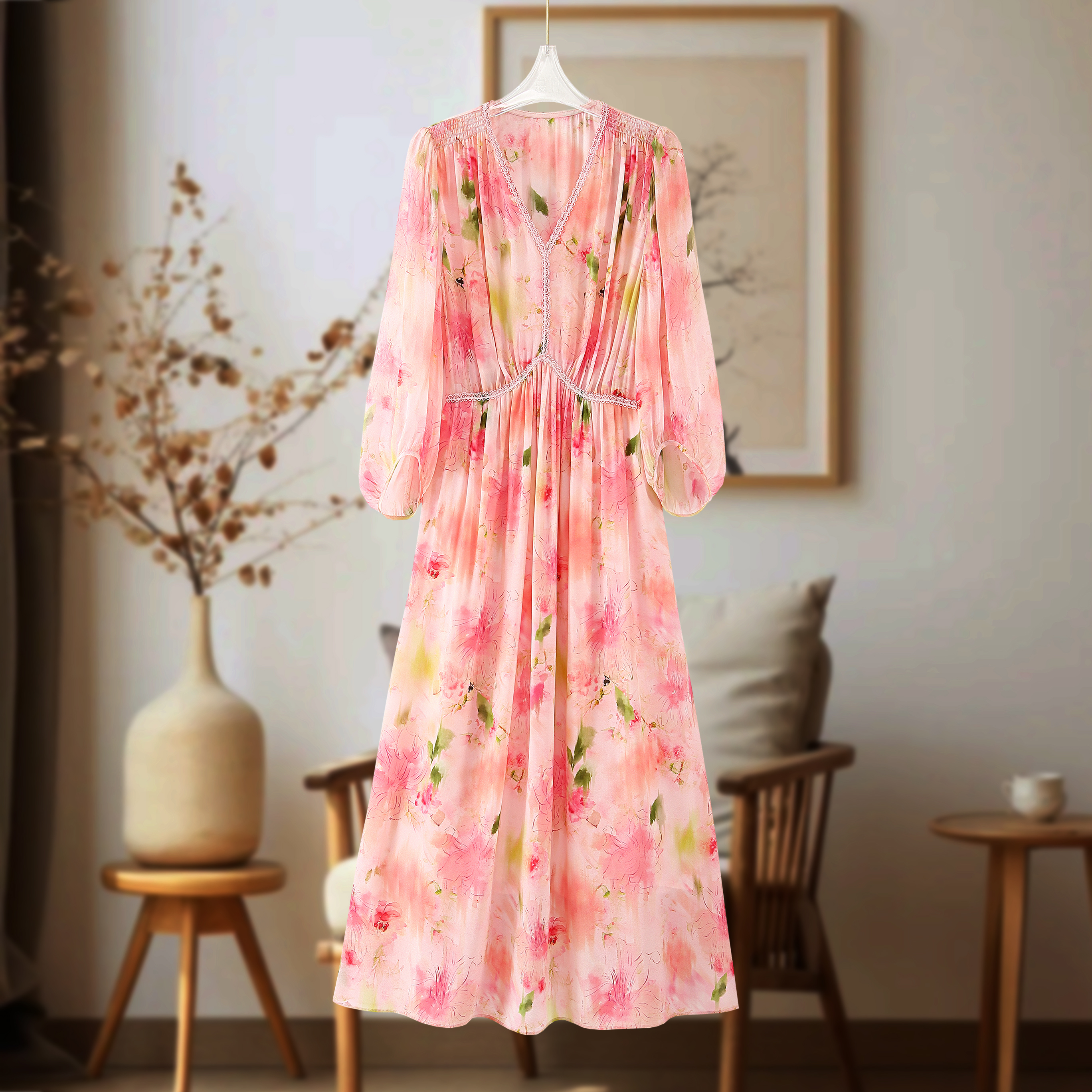 “大冬专享”100%桑蚕丝重磅单层6A真丝晕染印花气质女装连衣裙5618