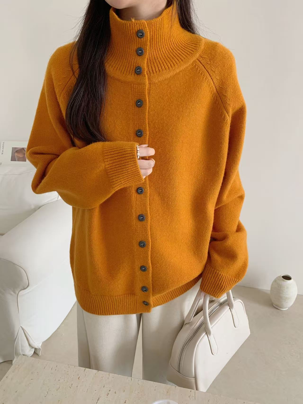 新款高领开衫毛衣时尚百搭纯色加厚针织衫5805-1