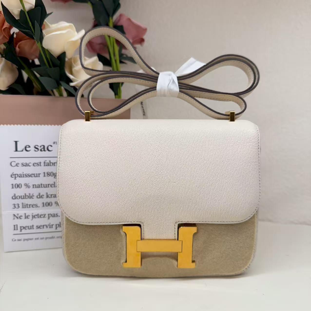 99新 Hermes/爱马仕 constance 19 Z 山羊皮 奶油白es0818a1 