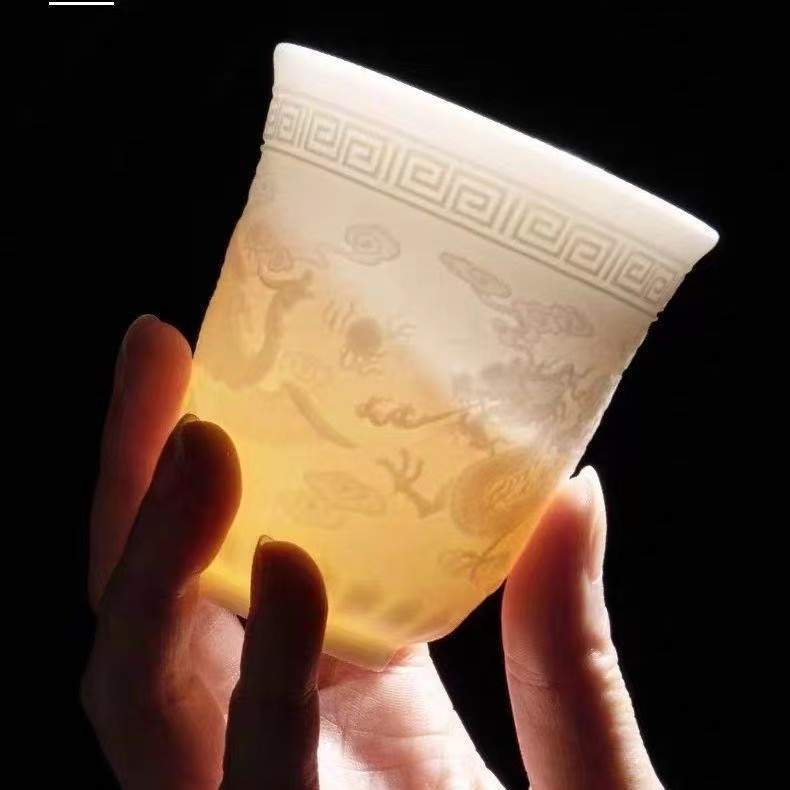 羊脂玉龙凤呈祥主人杯素烧茶杯陶瓷功夫茶具浮雕酒杯透光茶杯