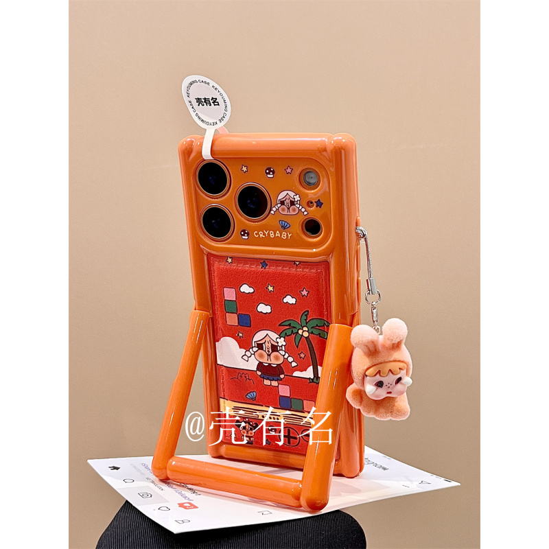 卡通橙底俄罗斯方块哭娃折叠支架适用苹果17手机壳iPhone16/15/14
