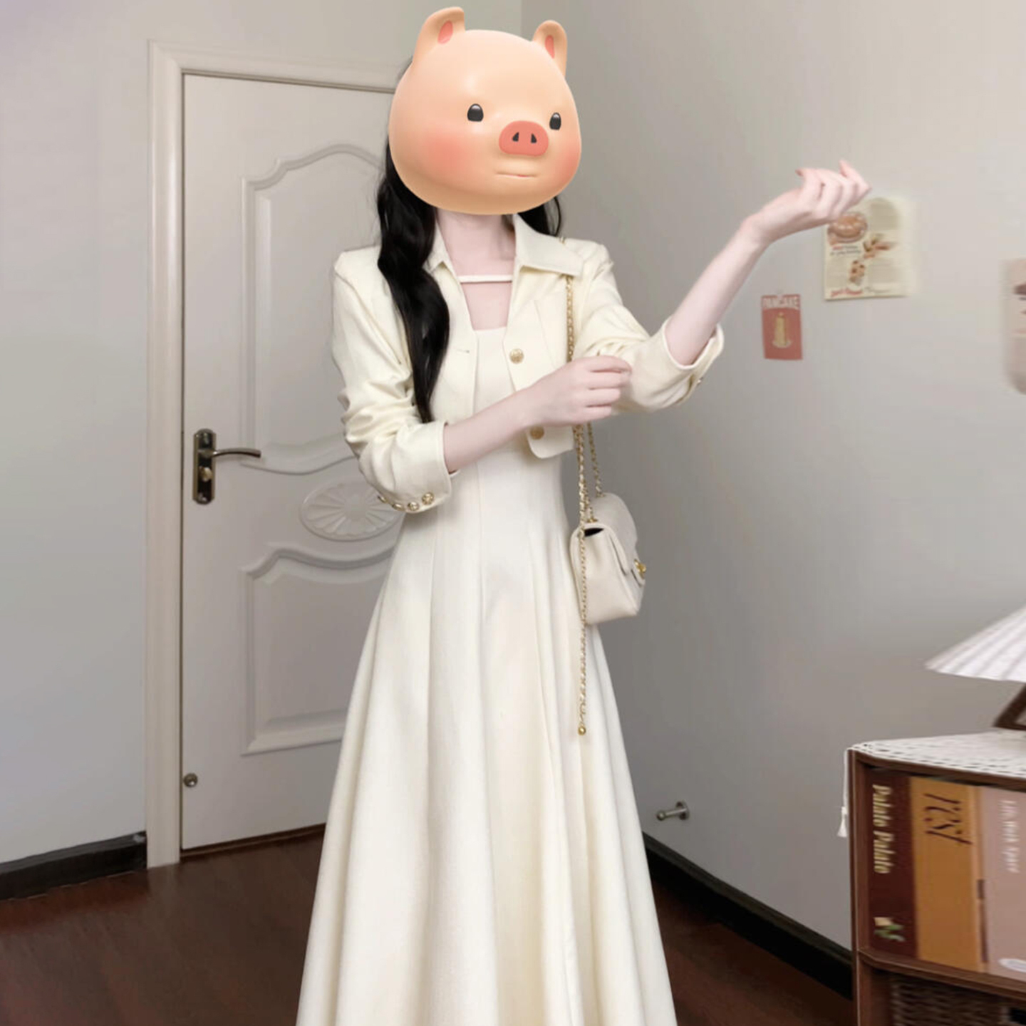 6757小香风西装外套吊带长袖连衣裙女新款秋冬季流行风格套装长裙