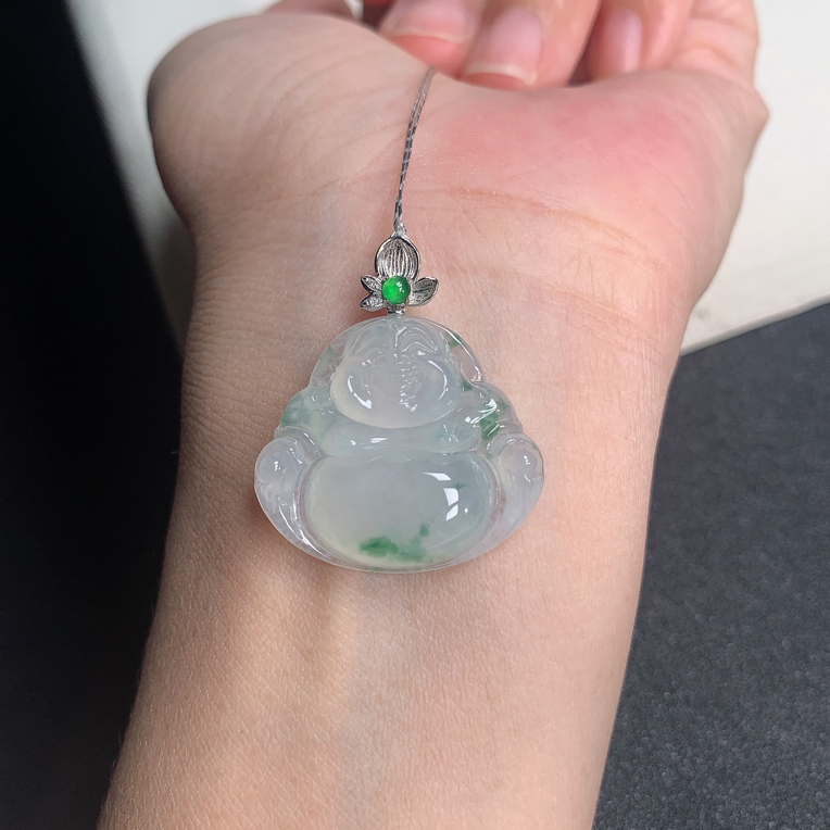 天然缅甸a货翡翠18k金镶嵌糯冰飘绿花佛公吊坠 30x26x5.8mm